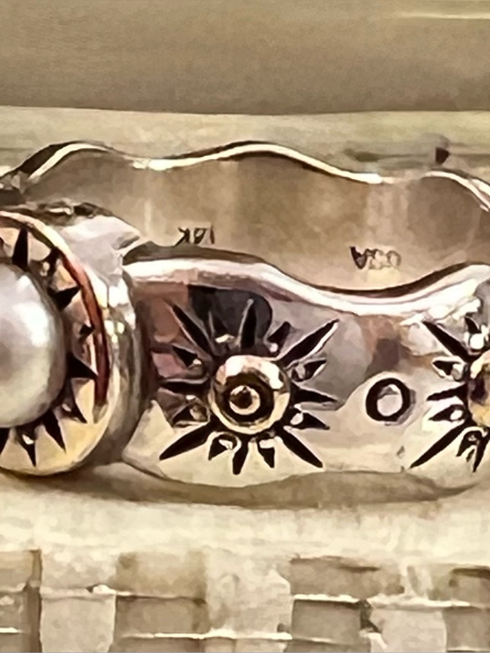 David & Ronnie PEARL RING, Silver (925) & 14K Gold plated, Sunburst Details